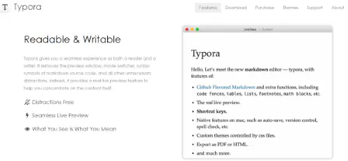 A screenshot of Typora features section