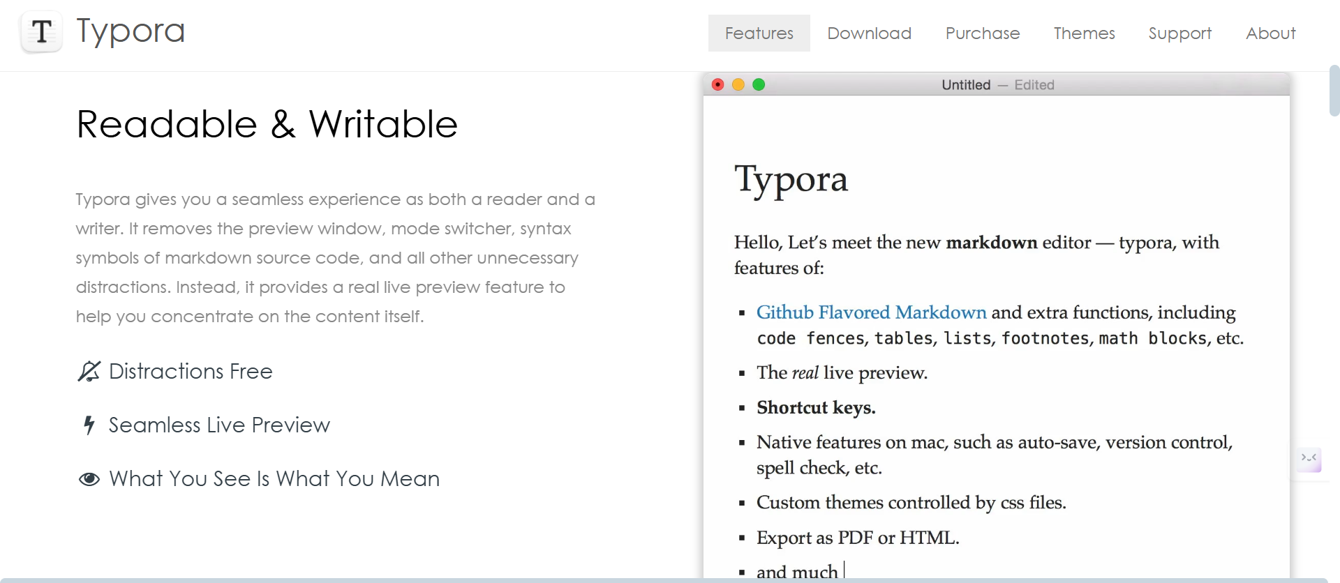 A screenshot of Typora features section