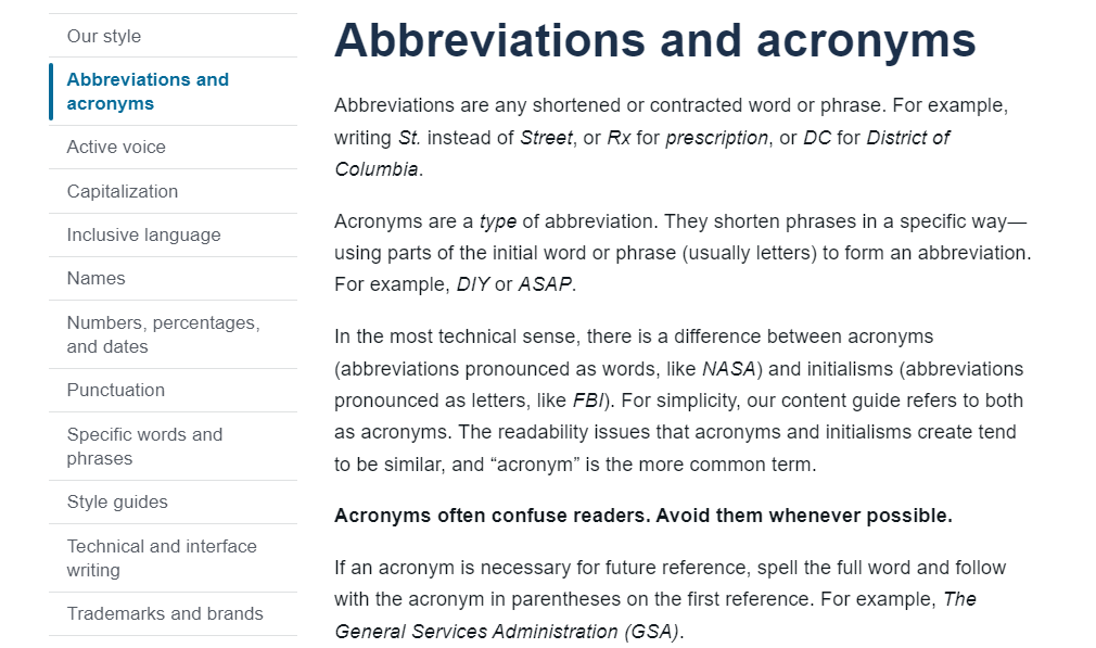 18F&#39;s Content Guide terminology and abbreviations section