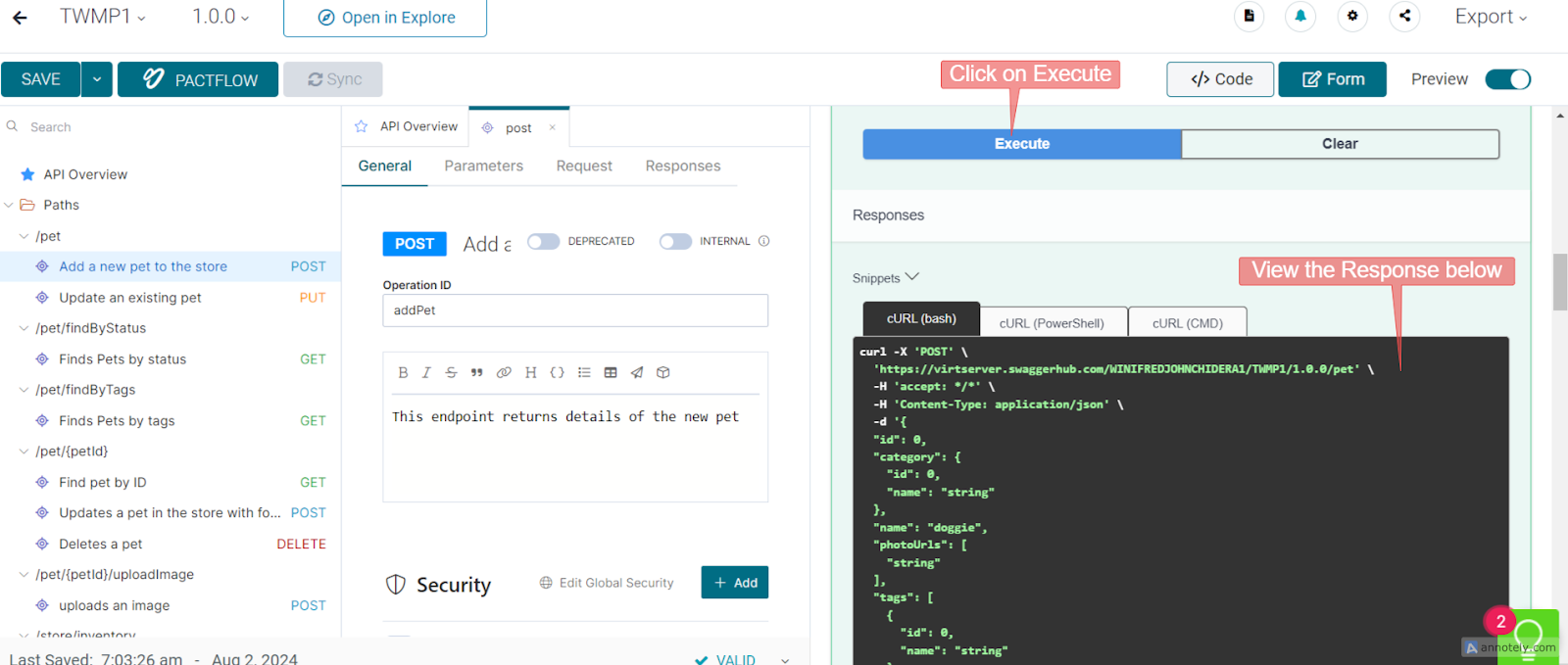 Execute Button and Response in Swagger