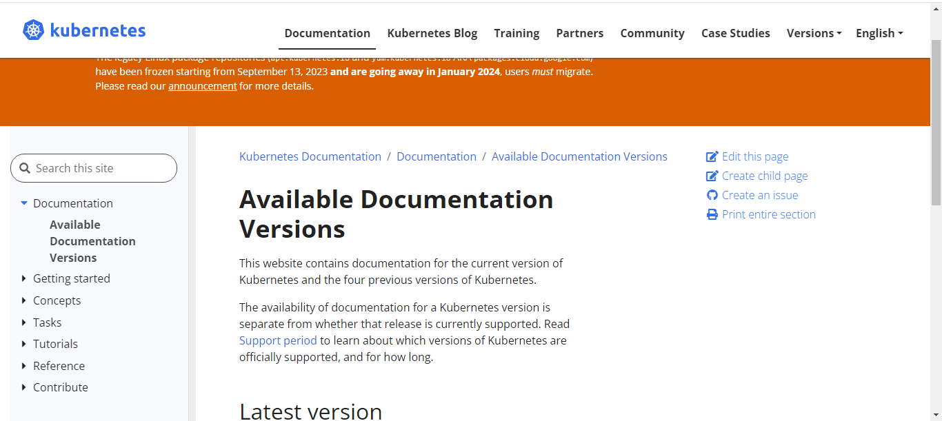 Global navigation system of kubernetes documentation website