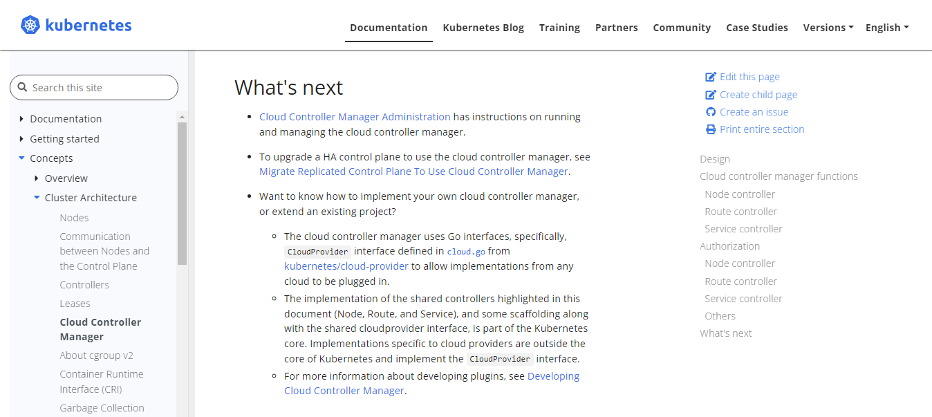 Local navigation and search functionality on Kubernetes documentation website
