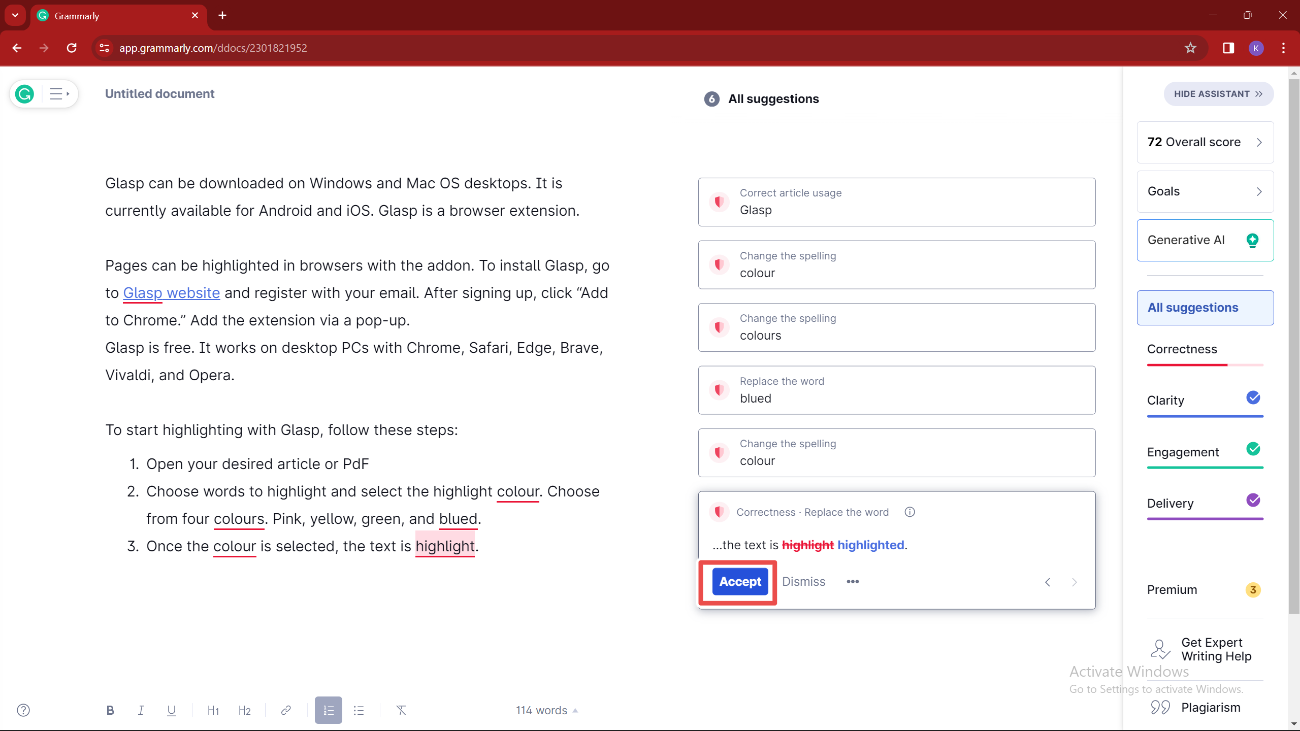 Accepts Grammarly Suggestions