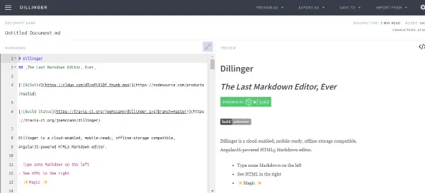 A screenshot of Dillinger markdown editor