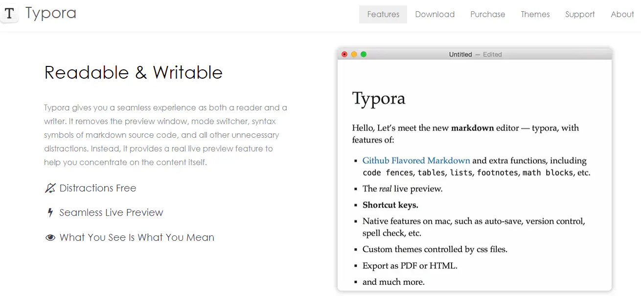 A screenshot of Typora features section